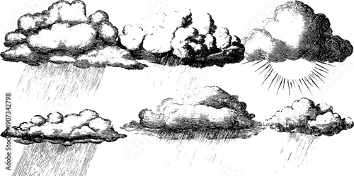 Vintage botanical illustration of weather phenomena with clouds and rain