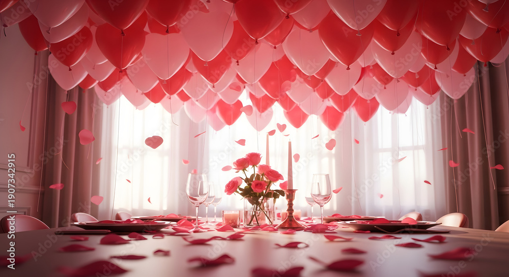 custom made wallpaper toronto digitalA romantic dining table prepared with dinnerware, candles, and petals under a canopy of heart balloons.