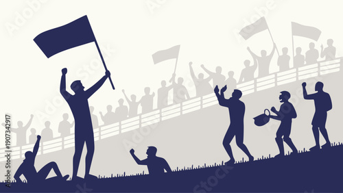 Passionate Sports Fans Cheering Victory Waving Flag in Stadium Crowd for Event Promotion Website Design