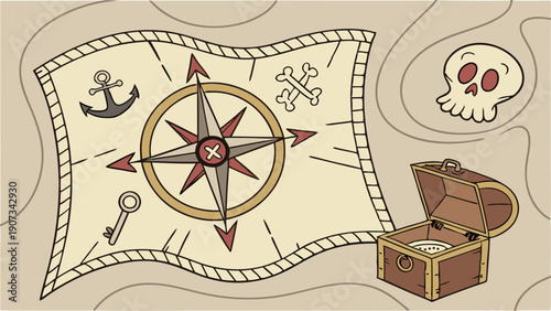 Pirate Treasure Map with Compass Anchor Skull Key for Adventure Game Design Web Background Adventure Quest