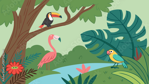 Vibrant Tropical Jungle Scene with Toucan Flamingo and Parakeet for Kids Education Wildlife Design