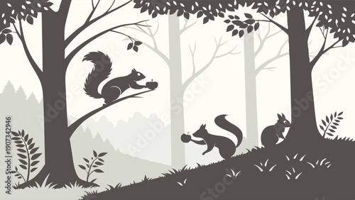 Squirrels Gathering Nuts in Autumn Forest Silhouette for Wildlife Education and Seasonal Nature Design Projects