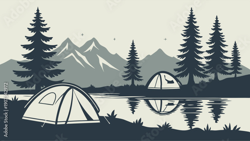 Serene Mountain Camping Scene Lakeside Tents Wilderness Adventure Travel Background for Outdoor Tourism Web Design or Brochure Illustration