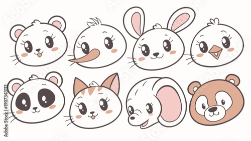 Cute Kawaii Animal Faces Set for Childrens Book Design Nursery Decor Baby Shower Invitations Website Graphics