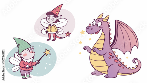 Charming Fantasy Characters Meeting Happy Purple Dragon for Children Book Illustration or Magical Website Design