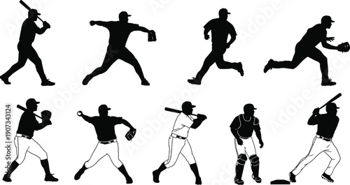 Baseball player silhouettes in action poses, batting pitching fielding catching artwork, sports illustration design, athletic character graphic, dynamic game concept