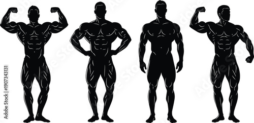 Bodybuilding silhouette poses, muscular male figures, fitness competition artwork, strength training illustration, physique design element, gym workout graphic concept
