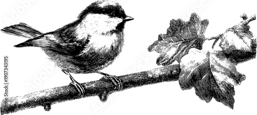 Winter allegory: endurance concept with botanical engraving of bird on branch