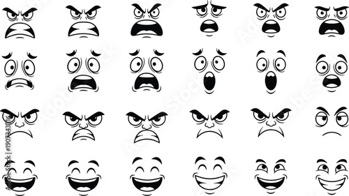 Cartoon facial expressions grid, stylized emotion faces, character design artwork, expressive illustration set, happy sad angry surprised graphics, animation emotion study