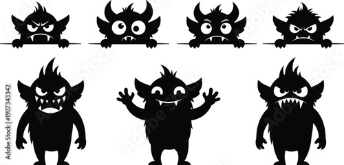 Cartoon monster silhouettes with horns, playful creepy characters, fantasy creature artwork, Halloween design illustration, spooky graphic elements, whimsical horror concept