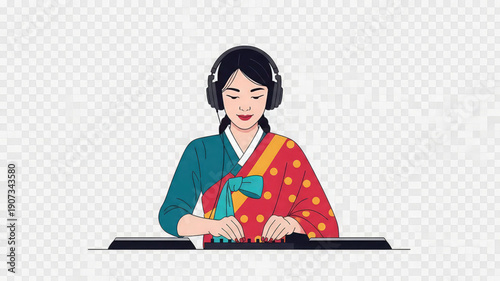 Woman in traditional korean dress wearing headphones working on laptop