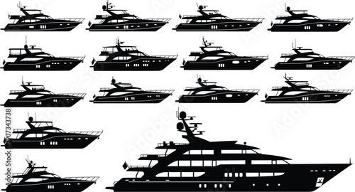 Luxury yacht silhouettes collection, marine vessel artwork, sailing boat illustration, ocean travel design, nautical graphic concept, maritime architecture inspiration