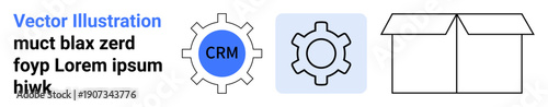 Two gears labeled CRM and plain, plus an open box. Ideal for automation, business tools, CRM integration, teamwork, logistics, packaging, simple landing page
