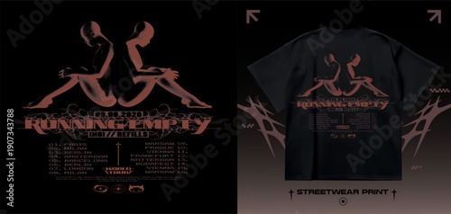 Tour concept poster with two pixelated silhouettes in grunge style. Streetwear graphic for apparel and merchandise