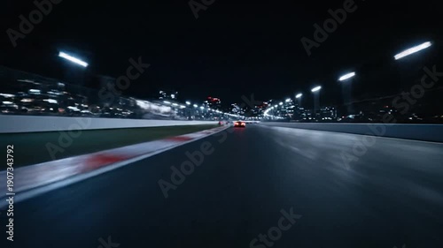 A nighttime race track with a car speeding into the distance, city lights glow in the background