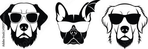 Stylized dog faces with sunglasses, creative pet illustration, cool canine artwork, humorous animal design, pop culture inspired graphic, fantasy dog art