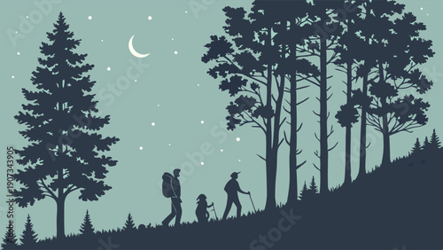 Family Hiking Uphill Through Dark Forest at Night with Crescent Moon for Outdoor Adventure Travel Web Design Illustration
