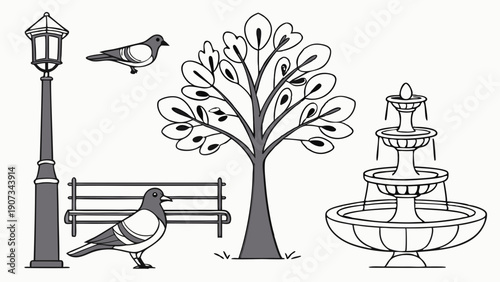 Urban Park Scene with Lamppost Bench Tree and Fountain for Cityscape Design Projects