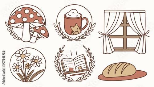 Cozy Cottagecore Aesthetic Icons for Hygge Lifestyle Blogs Recipe Cards Book Covers and Autumn Decor Design