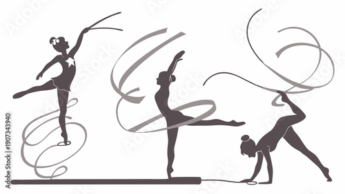Rhythmic Gymnastics Silhouettes with Ribbons Dynamic Dance Poses for Sports Fitness Health Promotion Design Elements