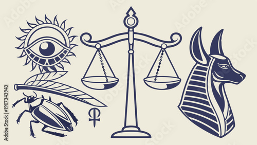 Ancient Egyptian Mythology Symbols Justice Scales Eye Scarab Anubis Icon for Esoteric Law Mystical Design Projects