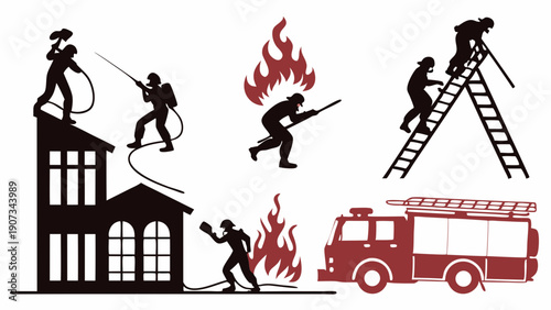 Firefighter Silhouettes Rescuing People from Burning Building with Ladder and Fire Truck for Emergency Safety Web Design