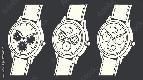 Three Watch Faces Showing Time Progression and Moon Phase for Chronograph Design Projects