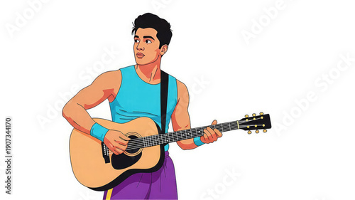 Young man playing acoustic guitar with wristbands on white background
