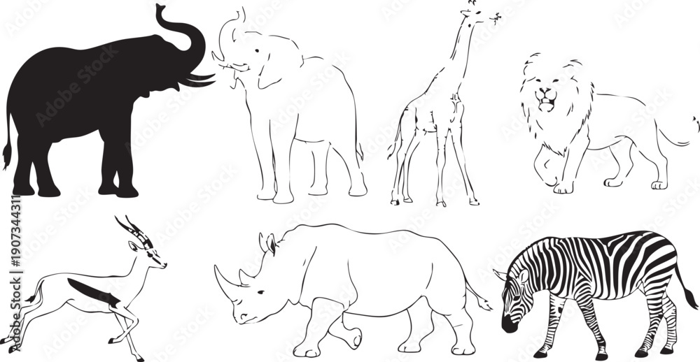 Naklejka premium Black and white animal silhouettes and line of safari animals line black and white elephant