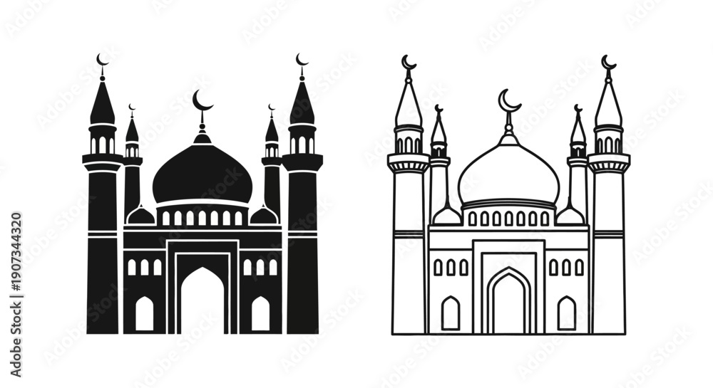 Obraz premium Black silhouette and outline vector mosque icon with crescent moon and minarets, isolated on white