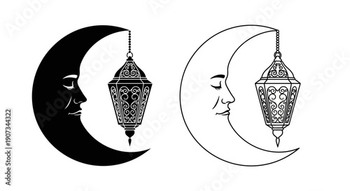 Black and outline crescent moon with sleeping face and hanging ornate lantern vector illustration, isolated on white