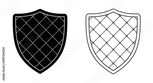 Black and outline quilted shield vector icon set, security protection symbol, isolated on white