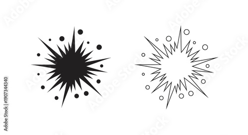 Vector black explosion burst and outline starburst icons with dots, isolated on white