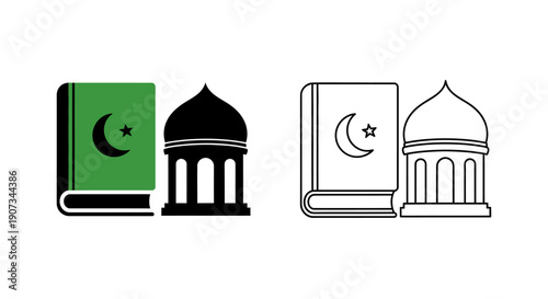 Islamic holy book Quran and mosque dome vector icon set, green and black solid, outline style, isolated on white