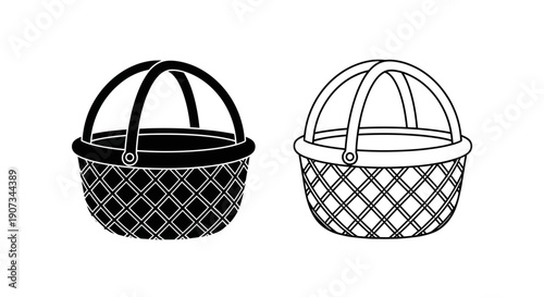 Black silhouette and outline vector picnic basket icon set, empty woven hamper for food or gifts, isolated on white