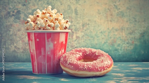 Popcorn in red cup and pink donut on blue wood.