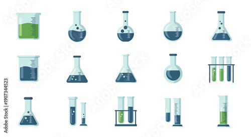 Collection of Colorful Flat Design Laboratory Glassware with Blue-Green Liquid, including Beakers, Conical Flasks, and Test Tubes, isolated white background.