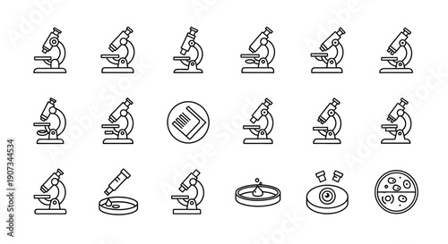 Collection of Outline Icons for Microscopes and Scientific Laboratory Equipment, including Petri Dishes and Flasks, isolated white background.