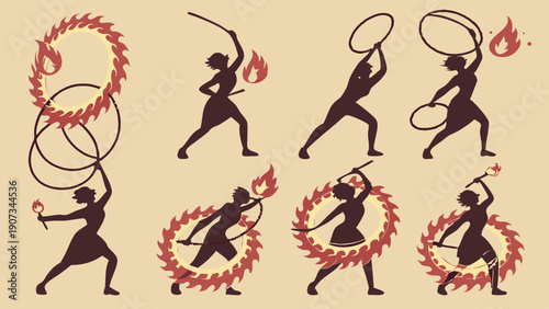 Fire Dancer Silhouettes Performing Circus Stunts with Flaming Hoops for Entertainment Event Promotion or Festival Advertising