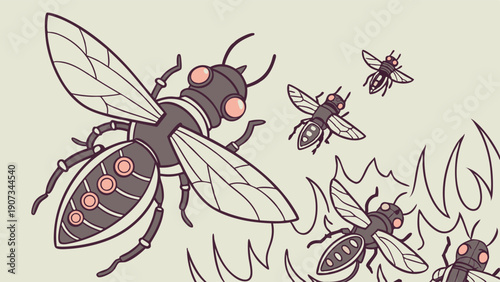 Swarm of Stylized Giant Wasps Flying Aggressively Through Fire Danger for Pest Control or Horror Web Design Projects