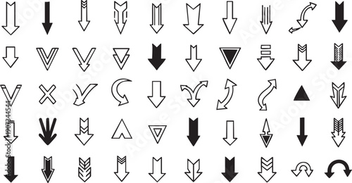 Black and white arrow symbols in various styles and directions for navigation and pointing