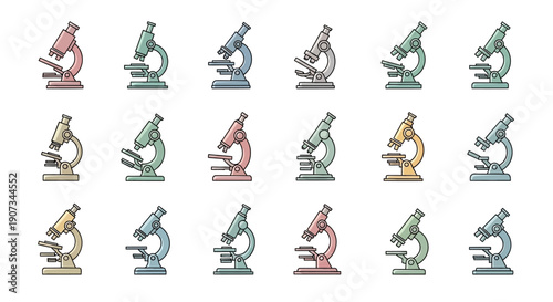 Set of Twelve Colorful Microscopes in Various Hues for Scientific Education and Laboratory Research, isolated white background.