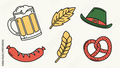 Oktoberfest Food and Drink Icons Set Beer Pretzel Sausage for Festival Promotion and Bavarian Celebration Design