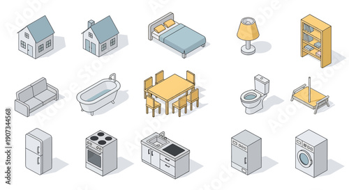 Isometric Collection of Home Furniture and Household Items, including Bed, Sofa, Dining Table, Kitchen Appliances, and Bathroom Fixtures, isolated white background.