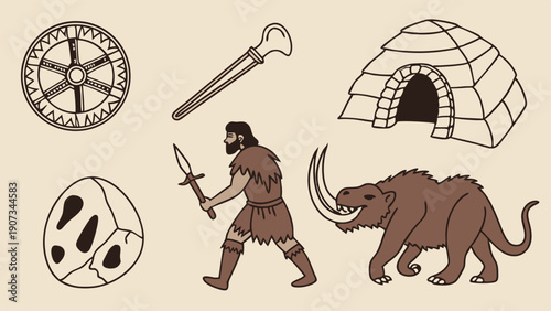 Paleolithic Hunter Caveman with Spear Facing Woolly Mammoth for History Education Website Design