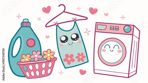 Cute Kawaii Laundry Day Illustration for Cleaning Product Ads and Domestic Blog Web Design