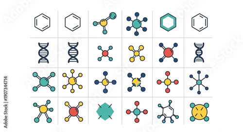 Set of Colorful Chemical Molecular Structure and Bond Icons on Isolated White Background