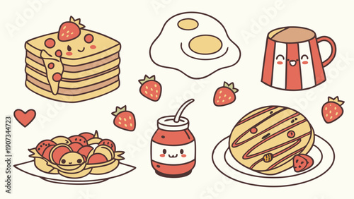 Cute Kawaii Breakfast Food Icons for Cafe Menu Design Happy Morning Brunch Web Graphics