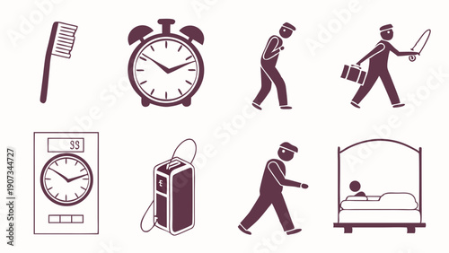 Daily Routine Icons Set Waking Up Alarm Clock Brushing Teeth Working Commuting and Sleeping for Lifestyle Design