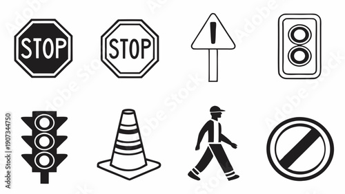 Essential Road Safety Traffic Control Signage Icons for Web Design Navigation and Driving Instruction Materials